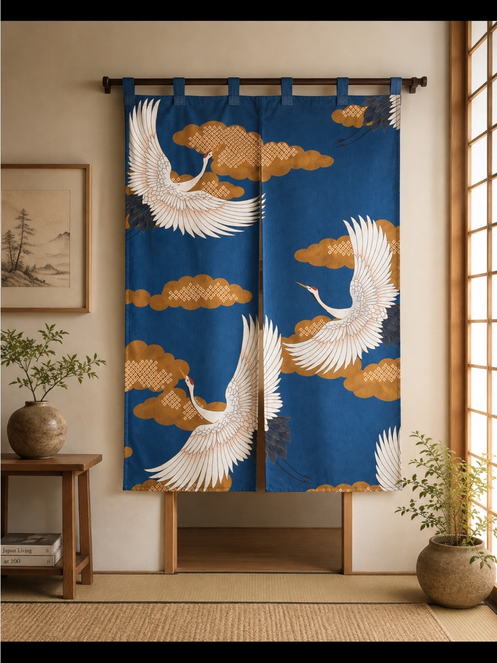Japanese Noren Doorway Curtain Blue Flying Crane Bird Room Divider Tapestry NEW